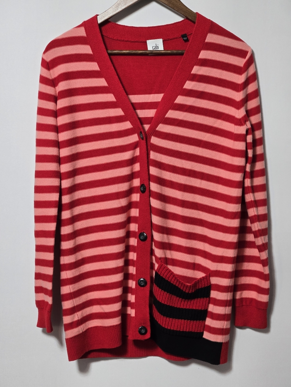 CAbi Striped Cardigan Sweater Red Pink Button Front Pocket Women’s Small 5546